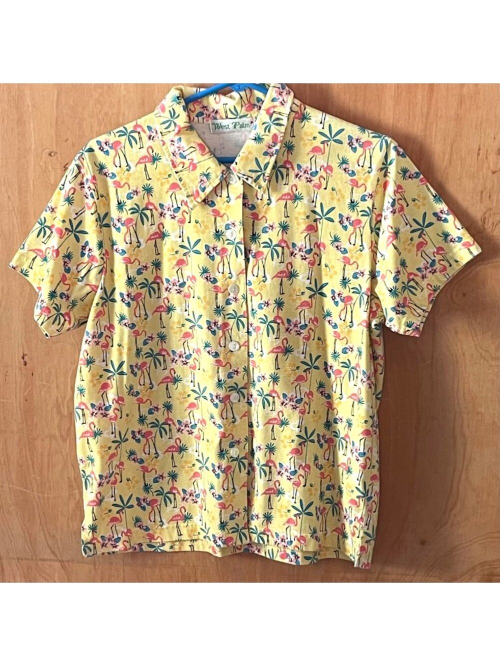 Vintage West Palm Yellow Flamingo Tropical Camp Shirt Women's Petite Large Retro